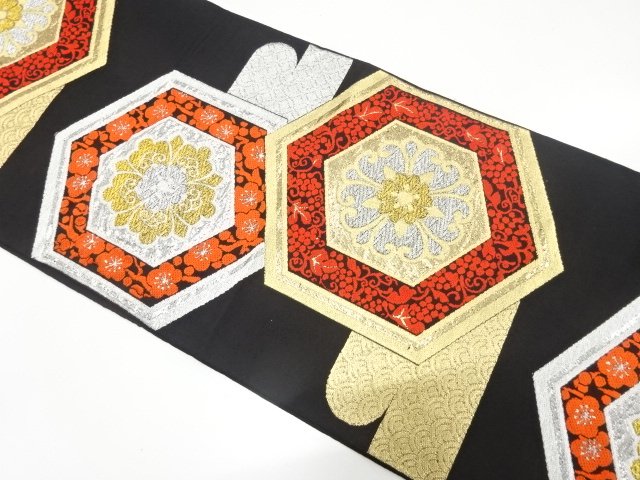 JAPANESE KIMONO / ANTIQUE TORTOISESHELL-PATTERNED FUKURO OBI / FLORAL 